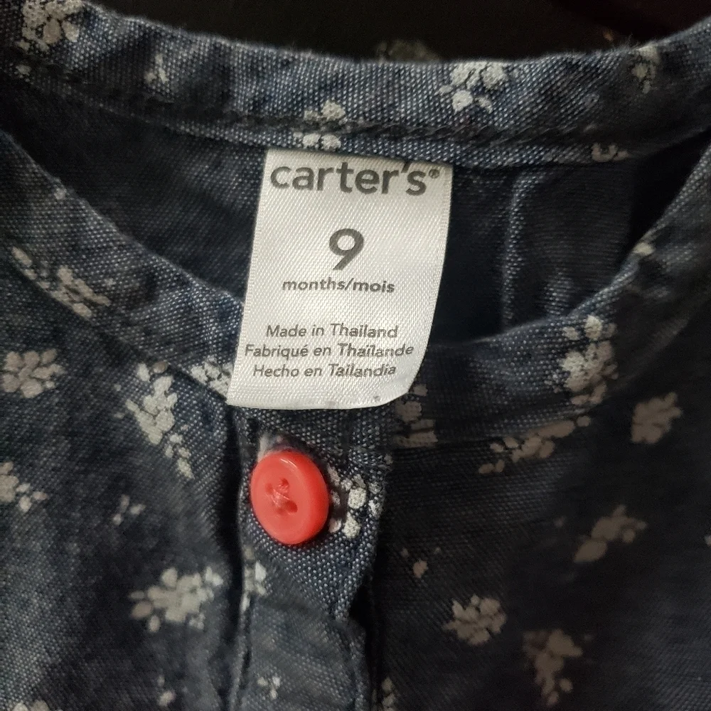 Carter's Baby Girl 9 Months 2 Pieces Outfit Bleu Denim Flower Shirt Coral Leggin